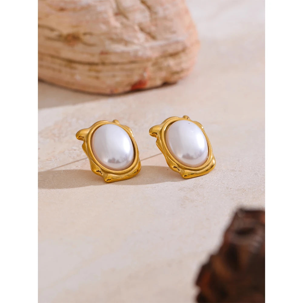 Yhpup elegante pérolas simuladas redondas brincos diários para mulheres 18k banhado a ouro aço inoxidável joias vintage novas