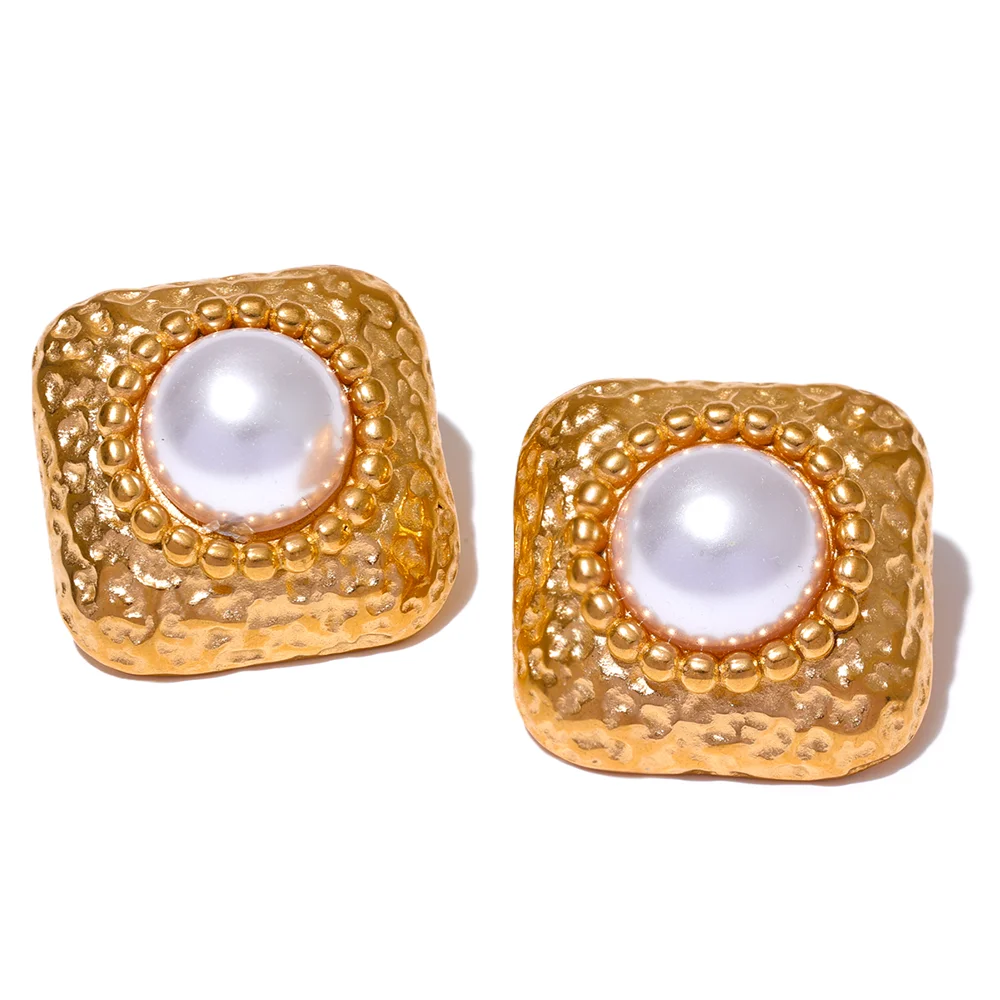 Yhpup-brincos quadrados de aço inoxidável, pérolas de imitação, jóias vintage, moda elegante, evitar alergia, metal, titânio, novo