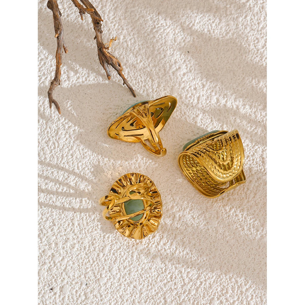 Yhpup verde pedra natural moda anel aberto ajustável aço inoxidável dourado geométrico diário declaração jóias acessórios presente