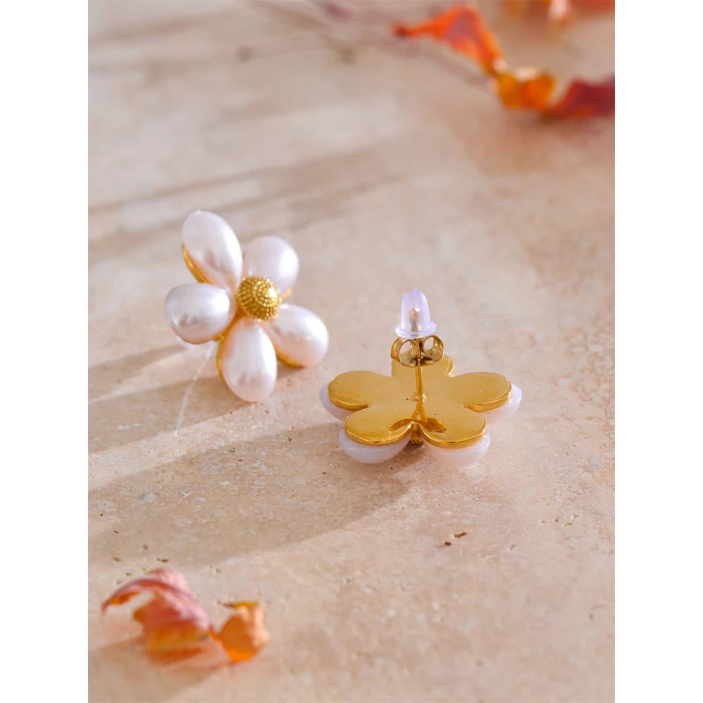 Yhpup brincos de pérola simulada, elegância dourada, flor, moda, aço inoxidável, dourado, diário, joias, recomendado