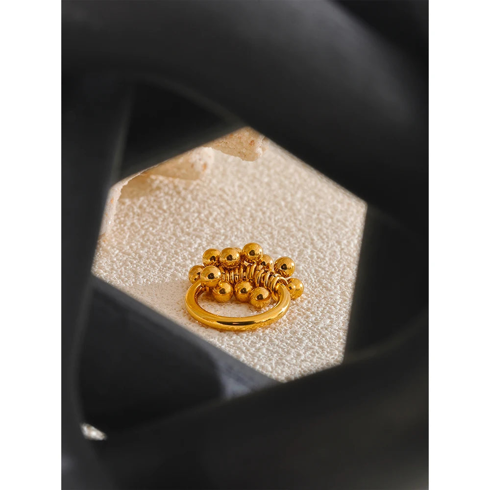 Yhpup anel de contas redondas em camadas de metal de aço inoxidável de alta qualidade 18K banhado a ouro PVD textura acessórios de joias personalizados