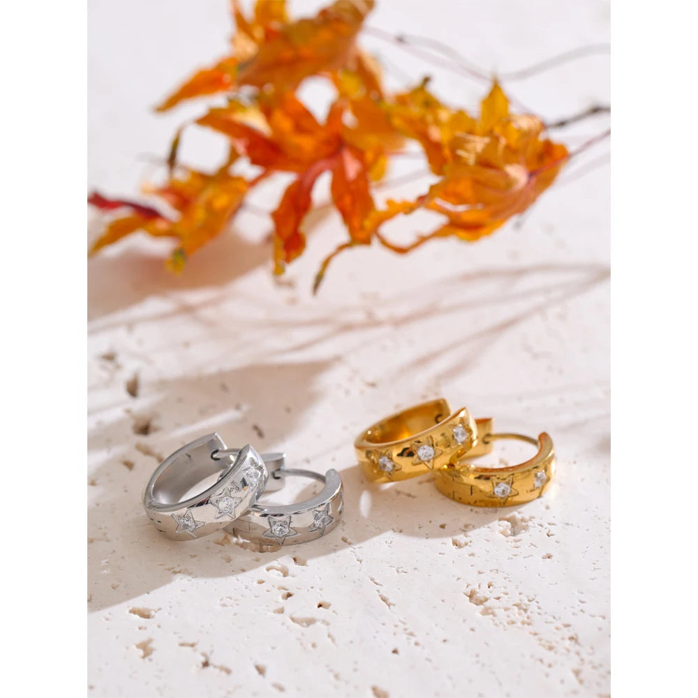 Yhpup tamanho: 16*16mm zircônia estrela redonda brincos de argola diários para mulheres evitam alergias joias chiques de alta qualidade em aço inoxidável