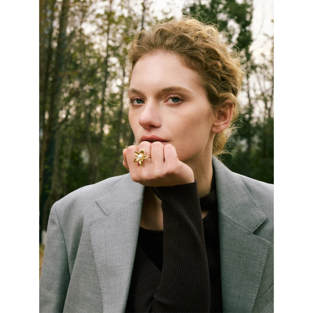 Yhpup tendência estilo metal flor pérola ajustável chique anel para mulheres 316l aço inoxidável moda jóias acessórios presente