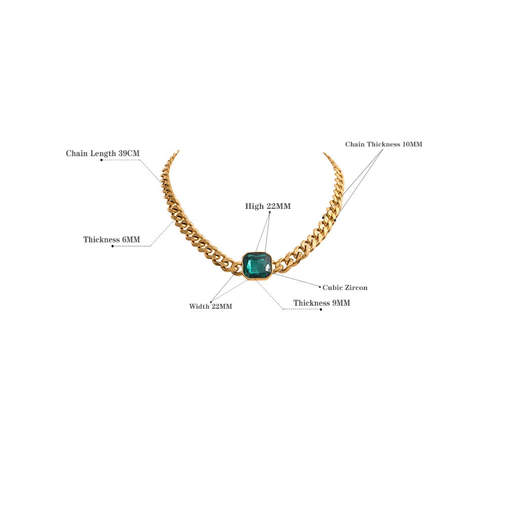 Yhpup hiperbólico cor dourada grossa corrente cubana cristal verde textura de metal colar de declaração de aço inoxidável joias da moda