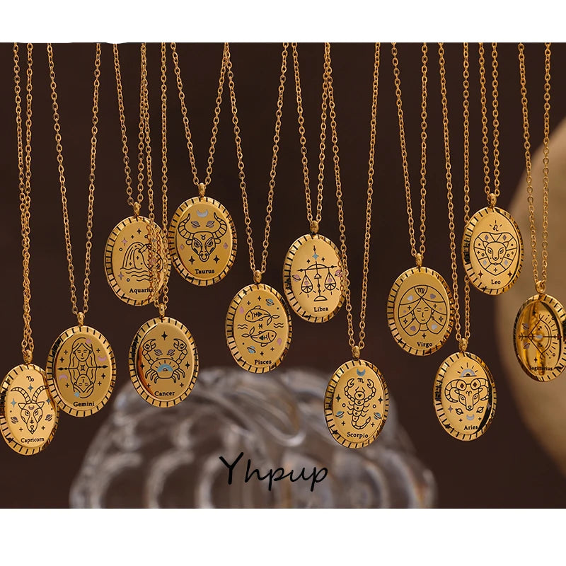 Yhpup novo 316 aço inoxidável 12 constelação gota pingente colar à prova dwaterproof água jóias douradas 18 k colar de metal presente