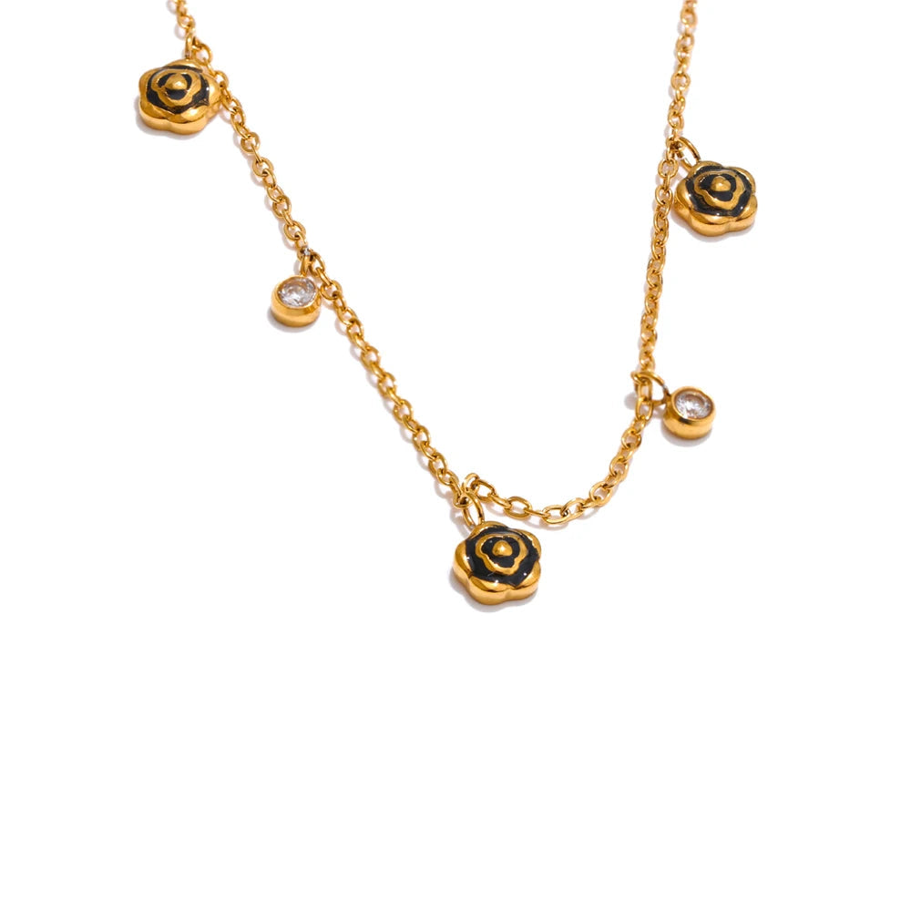 Yhpup preto esmalte flor zircônia corrente gota chique colar pvd banhado a aço inoxidável moda colar 18k jóias