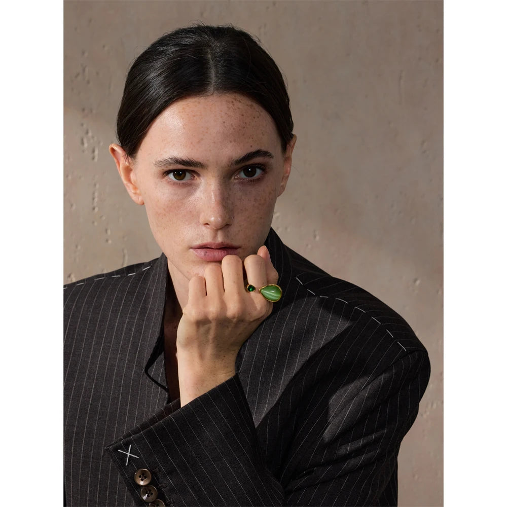 Yhpup chegada verde pedra natural zircônia gota de água geométrica anel dourado para mulheres aço inoxidável elegante jóias presente