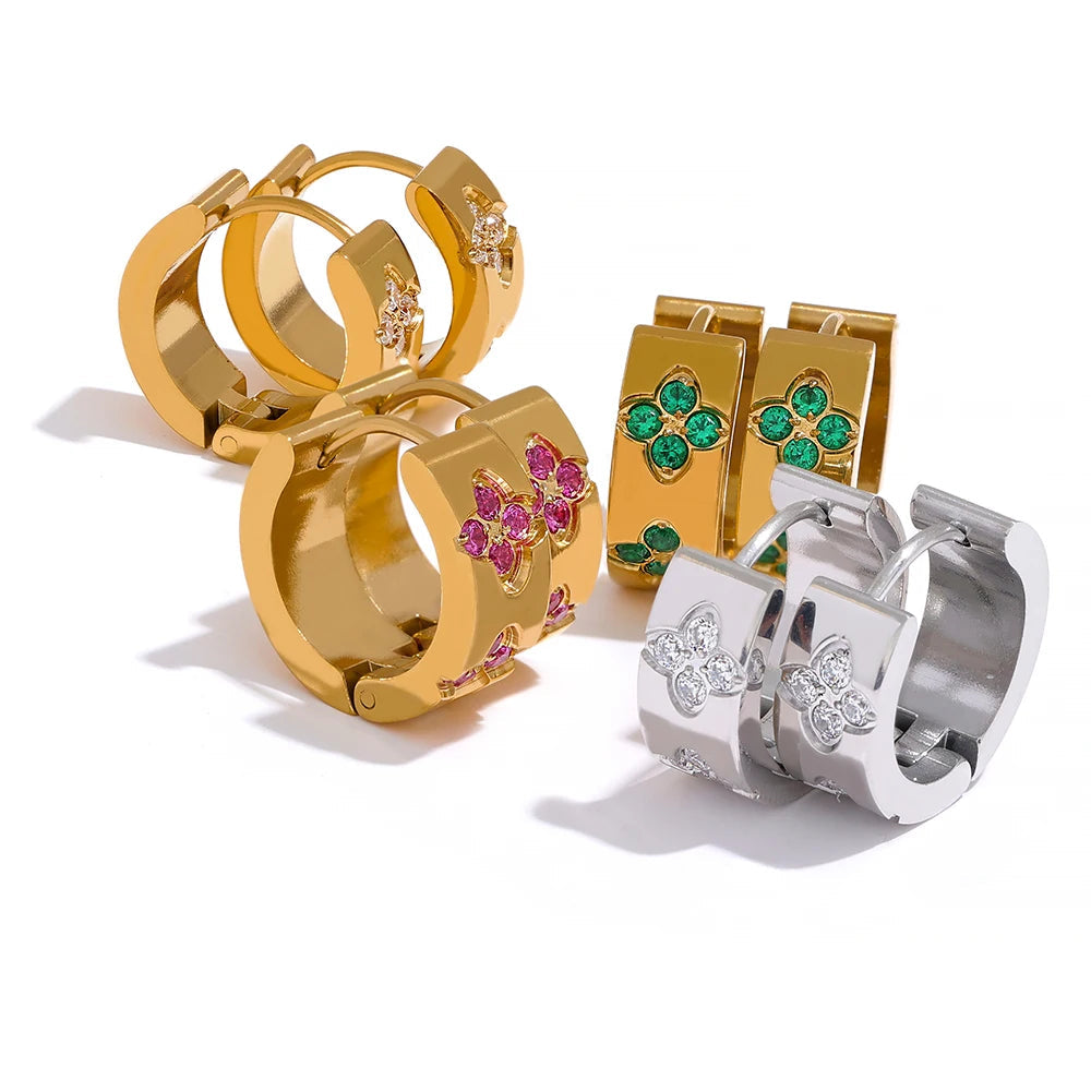 Yhpup requintado rosa verde branco zircônia cúbica aço inoxidável redondo chique brincos de argola feminino alta qualidade jóias à prova dwaterproof água