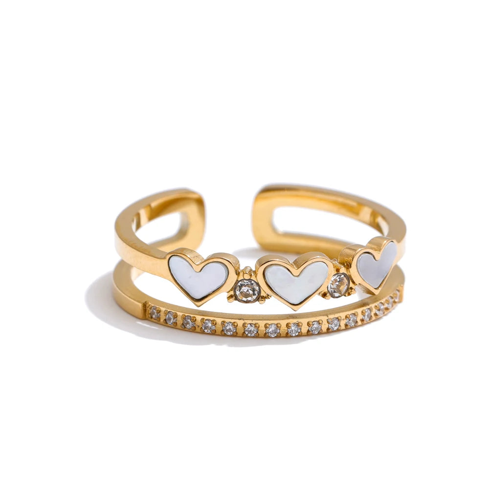 Yhpup requintado natural concha coração zircônia anel de dupla camada 18k cor ouro pvd banhado a aço inoxidável joias ajustáveis