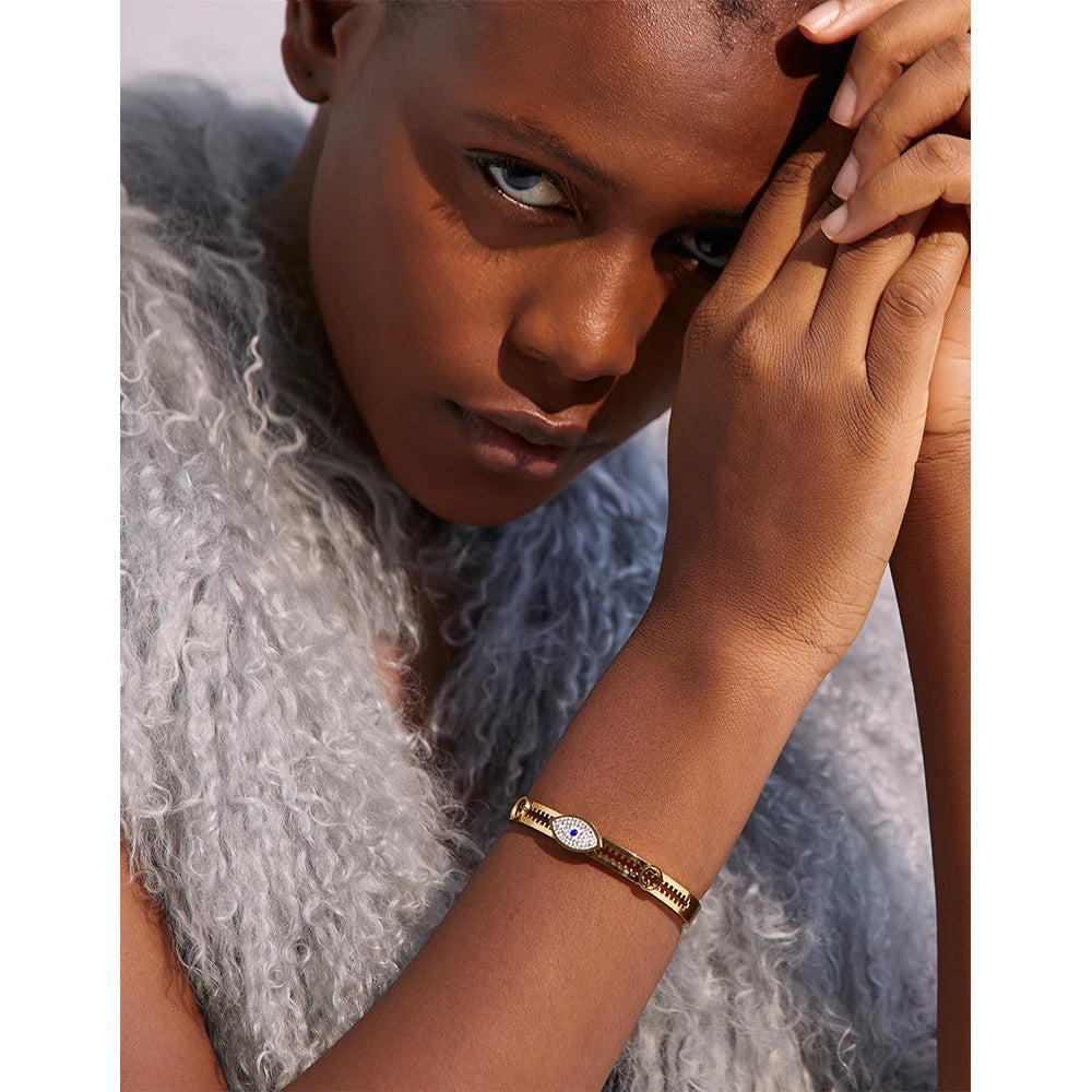 Yhpup 60mm declaração mau olhado aço inoxidável metal zircônia cúbica real banhado a ouro pulseira para mulheres moda jóias
