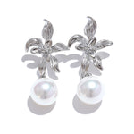 Yhpup-Brincos de aço inoxidável com pérolas imitadas para mulheres, flor impermeável, acessórios elegantes para joias, moda coreana, novo