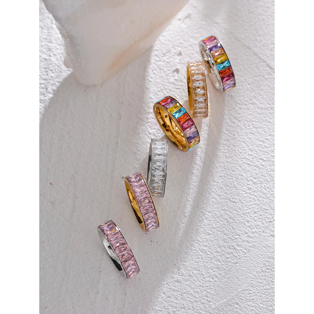 Yhpup delicado brilhante colorido zircônia cúbica aço inoxidável anel múltiplo de alta qualidade luxo cz bling popular moda jóias