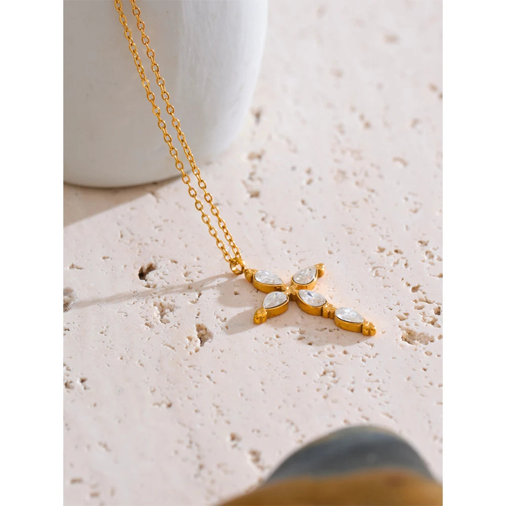 Yhpup delicado brilhante zircônia cúbica cruz colar pingente temperamento de aço inoxidável jóias premium alta qualidade