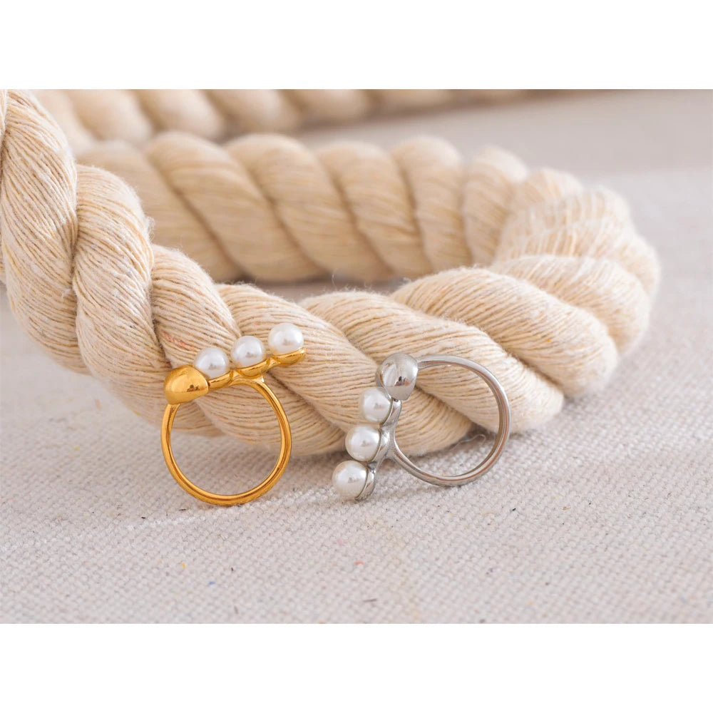 Yhpup requintado moda novo estilo anel de aço inoxidável simulado pérola ouro real 18k ouro pvd banhado jóias para presente feminino