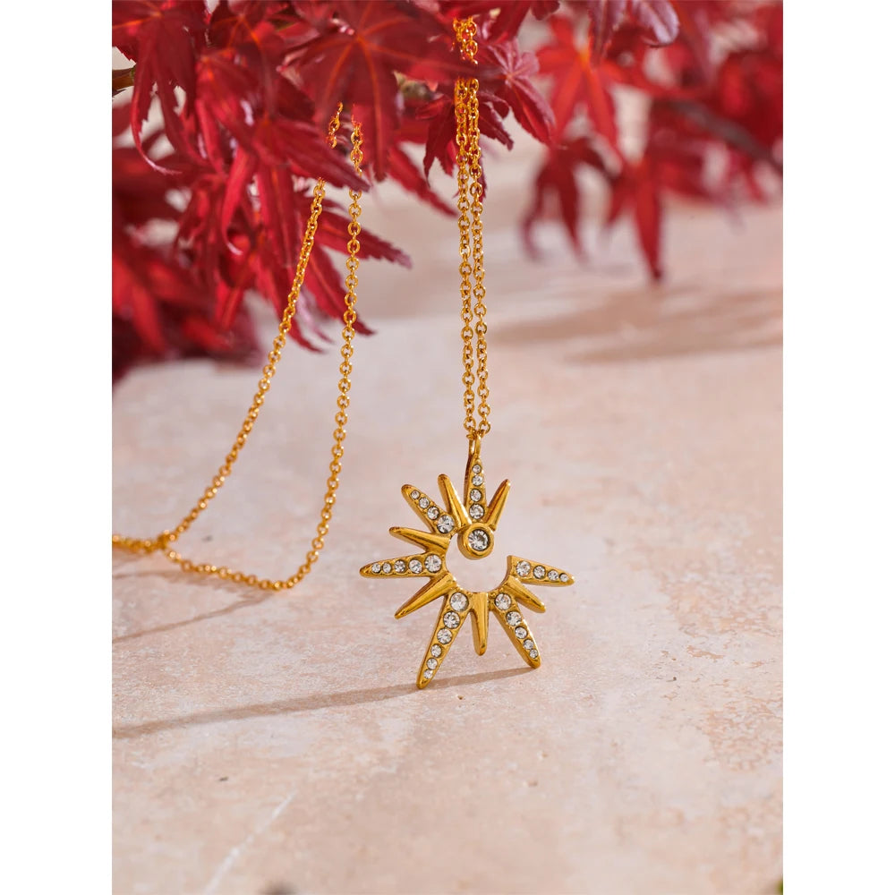 Yhpup colar com pingente de sol de zircônia, delicado, à prova d'água, estilo popular, aço inoxidável, joias de alta qualidade, presente
