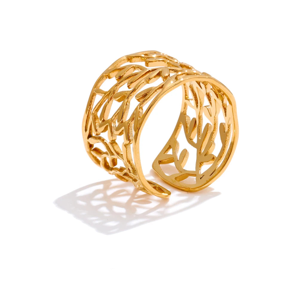 Yhpup distintivo aço inoxidável metal charme folha aberta manguito anel elegante popular ouro pvd banhado dedo jóias recomendar