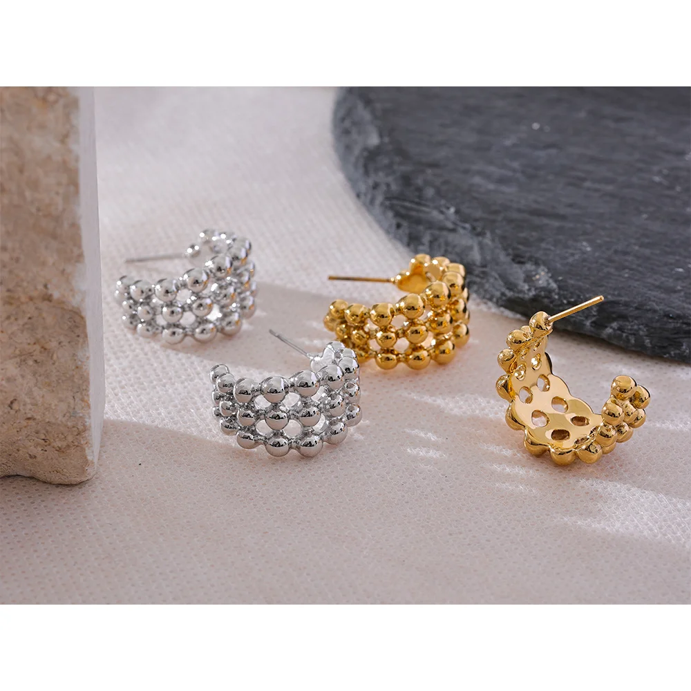 Yhpup distintivo aço inoxidável em forma de c contas em camadas oco huggie brincos feminino declaração moda diária jóias presente
