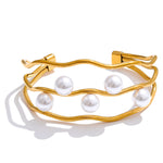 Yhpup 65mm elegância simulada pérolas em camadas oco manguito pulseira 18k cor de ouro aço inoxidável chique jóias de pulso