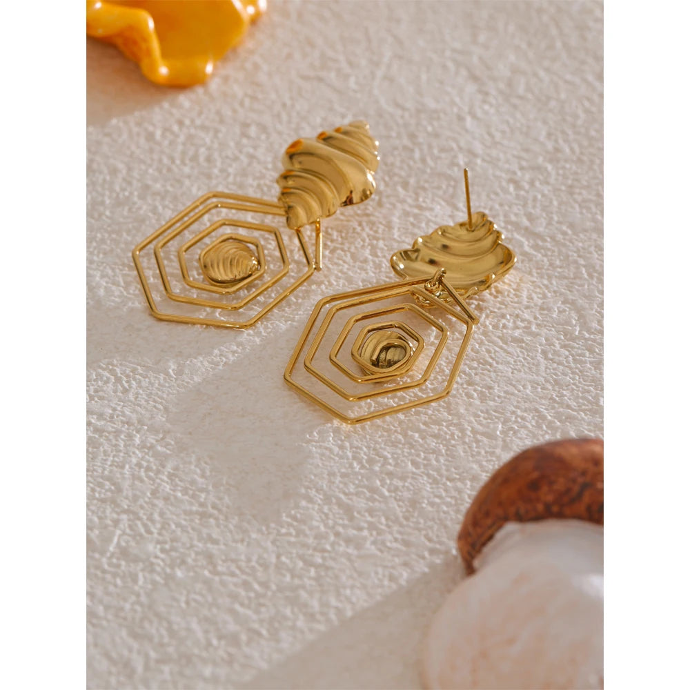 Yhpup elegante design exclusivo de aço inoxidável concha oca brincos 18k banhado a ouro estilo oceano joias diárias