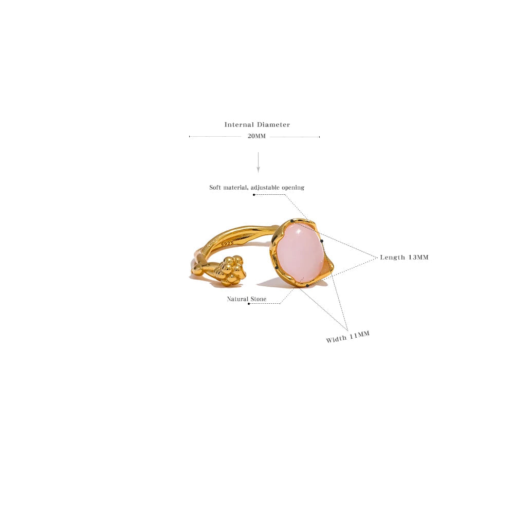 Yhpup-925 Anel Ajustável Aberto de Prata Esterlina para Mulheres, Rosa, Quartzo, Pedra, Flor, Planta, Joalheria Fina, Elegante, Requintado, Presente Chique