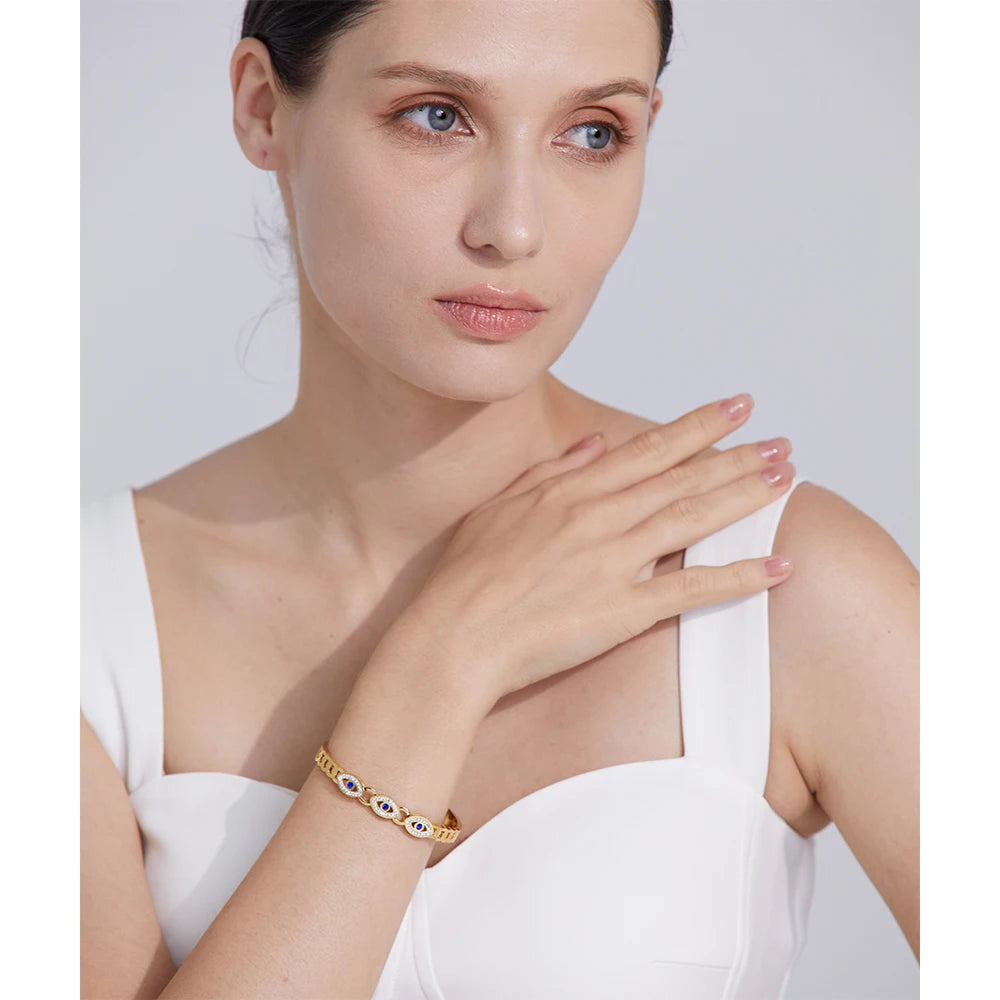 Yhpup charme turco mau olhado pulseira de aço inoxidável moda na moda zircão à prova dwaterproof água cor ouro jóias