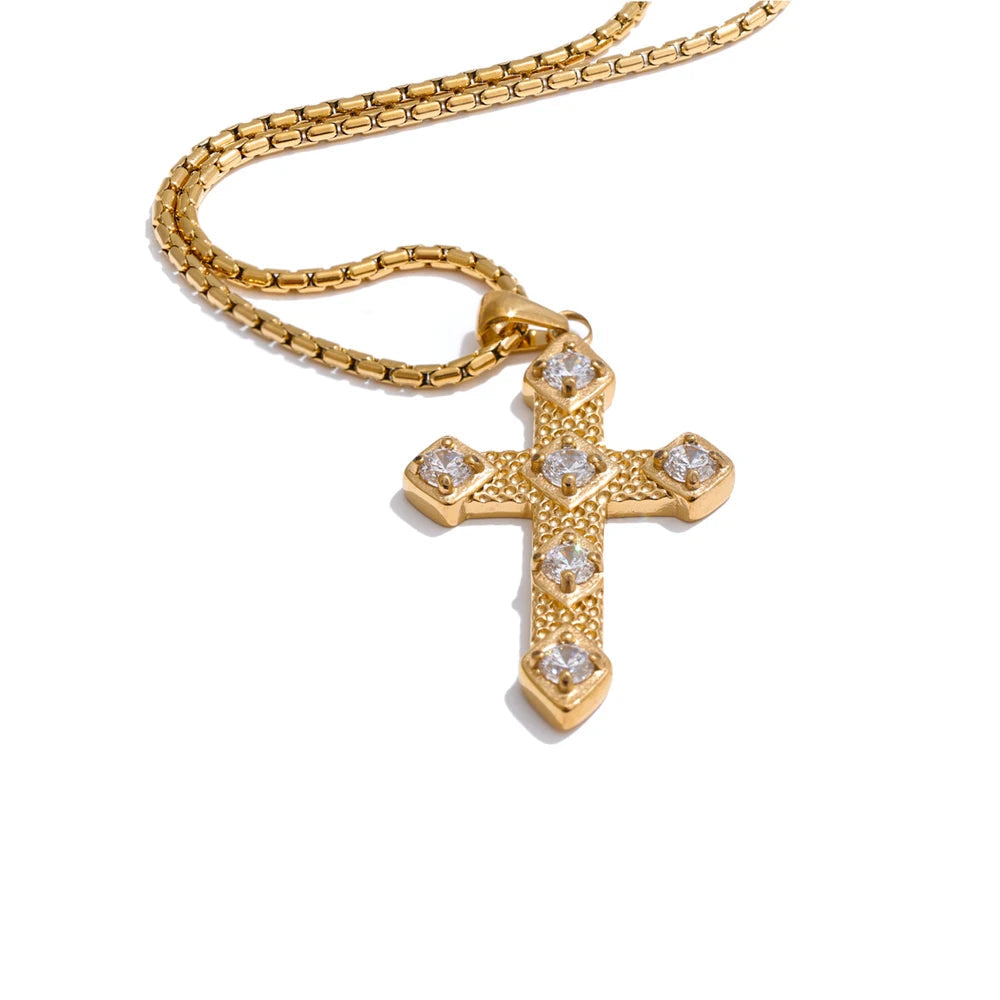Yhpup requintado brilhante zircônia cúbica cruz clássico colar pingente para mulheres corrente de aço inoxidável temperamento jóias presente