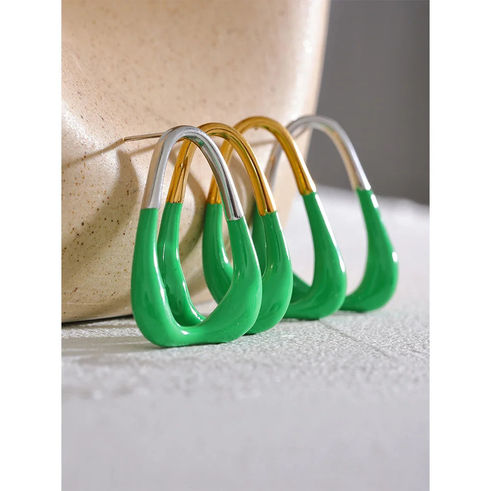 Yhpup verde esmalte minimalista moda geométrica oco brincos feminino na moda verão aço inoxidável jóias elegantes