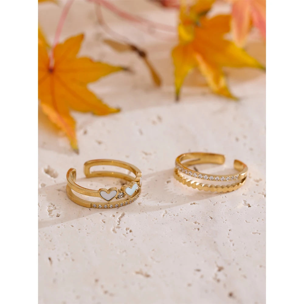 Yhpup requintado natural concha coração zircônia anel de dupla camada 18k cor ouro pvd banhado a aço inoxidável joias ajustáveis