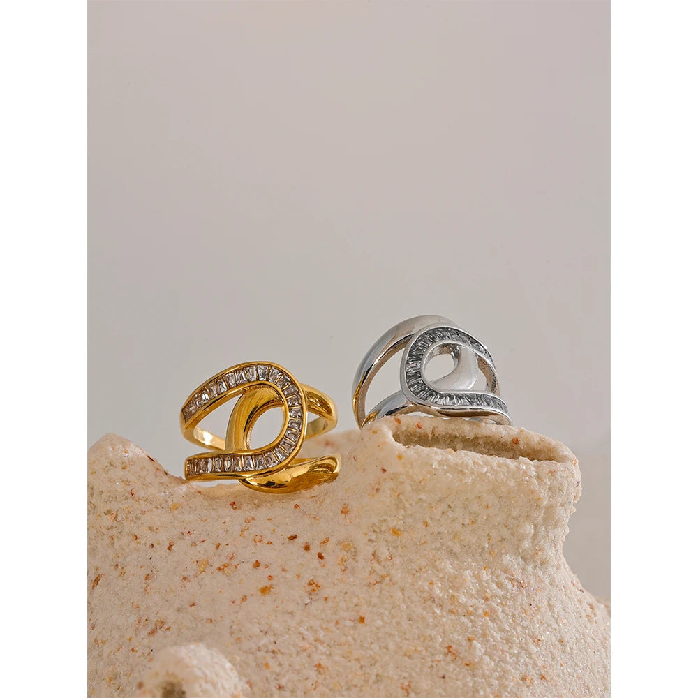 Yhpup moda aço inoxidável zircônia cúbica anel aberto para mulheres de alta qualidade geométrica delicada zircão jóias 18k pvd banhado