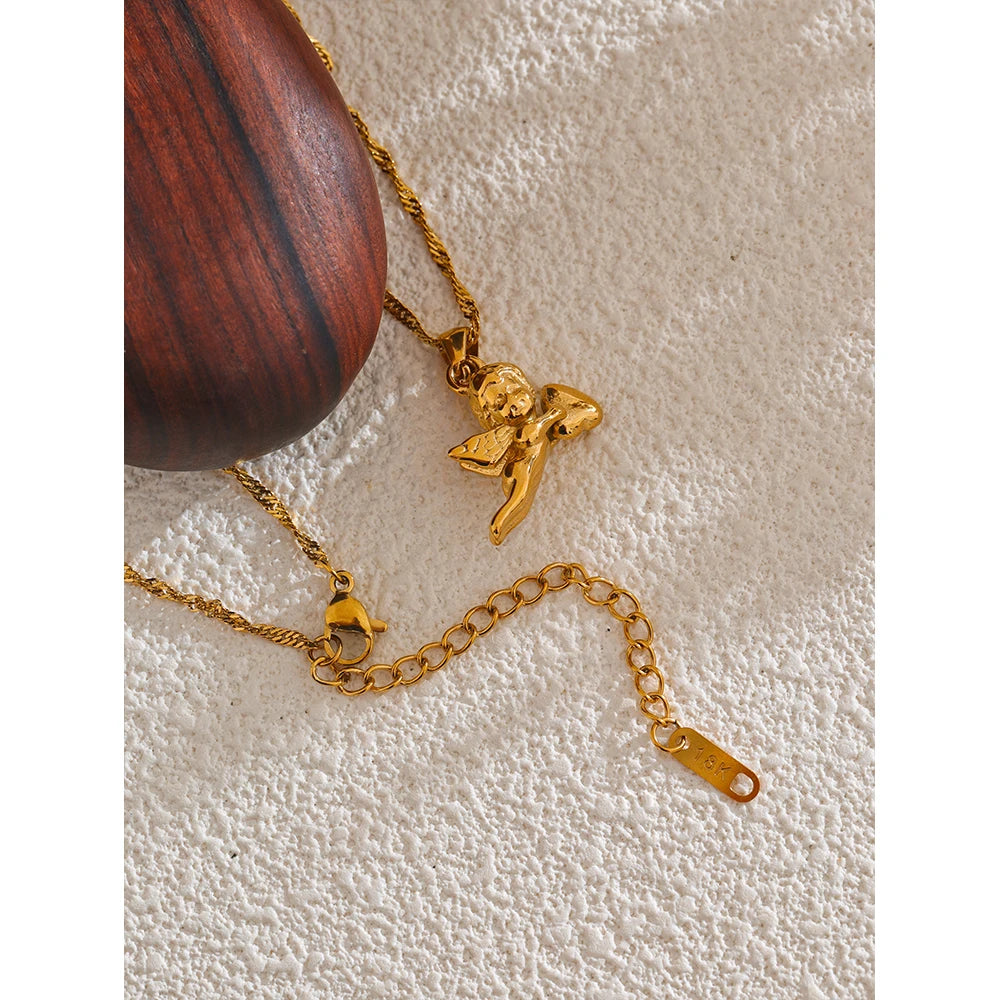 Yhpup-Colar De Pingente De Coração De Anjo, Aço Inoxidável, 18K PVD Banhado, Impermeável, Expressando Amor, Bênção, Jóias Presente, Acessórios