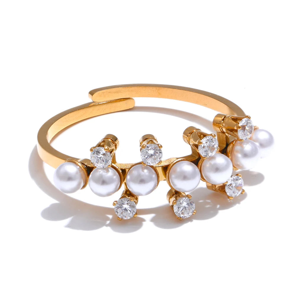 Yhpup delicado moda imitação de pérolas zircônia anel dourado ajustável para mulheres temperamento de aço inoxidável joia diária presente