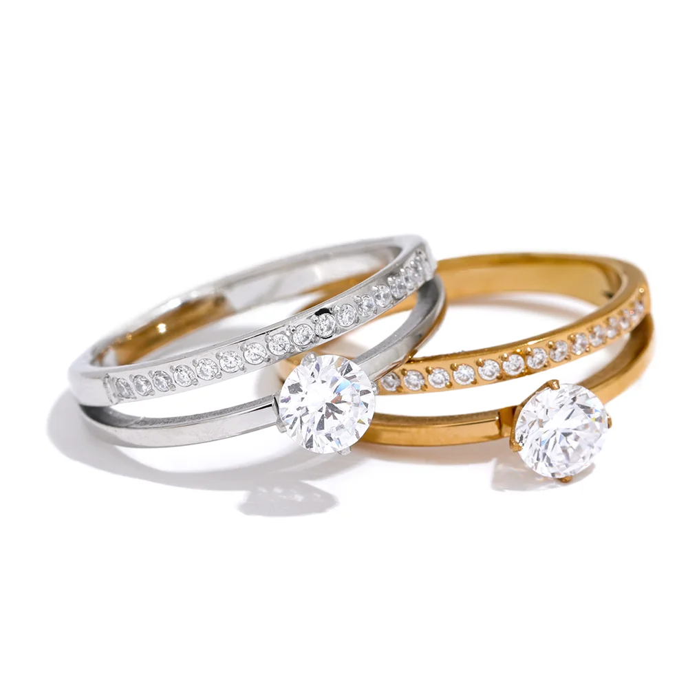 Yhpup delicado brilhante zircônia cúbica aço inoxidável dupla camada clássico anel de alta qualidade presente feminino requintado jóias românticas