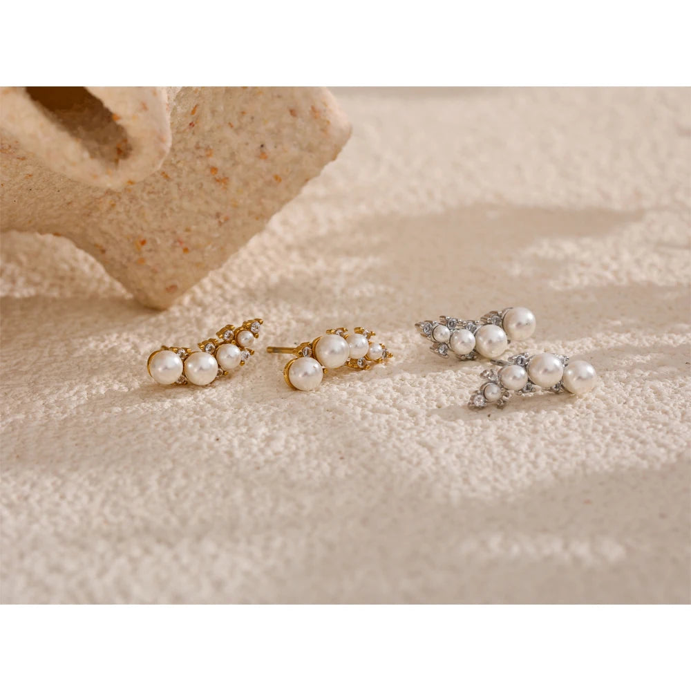 Yhpup estilo coreano chique imitação de pérolas zircônia cúbica brincos moda aço inoxidável requintado versátil jóias diárias