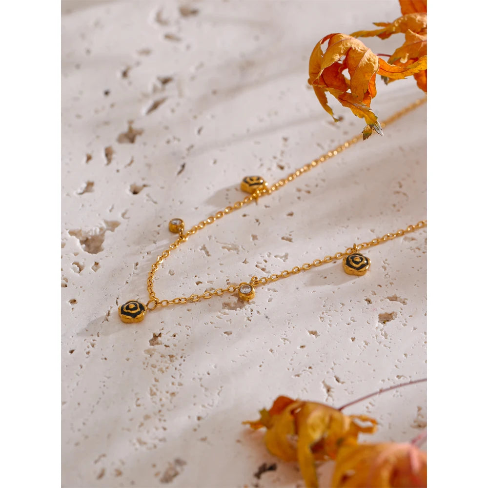 Yhpup preto esmalte flor zircônia corrente gota chique colar pvd banhado a aço inoxidável moda colar 18k jóias