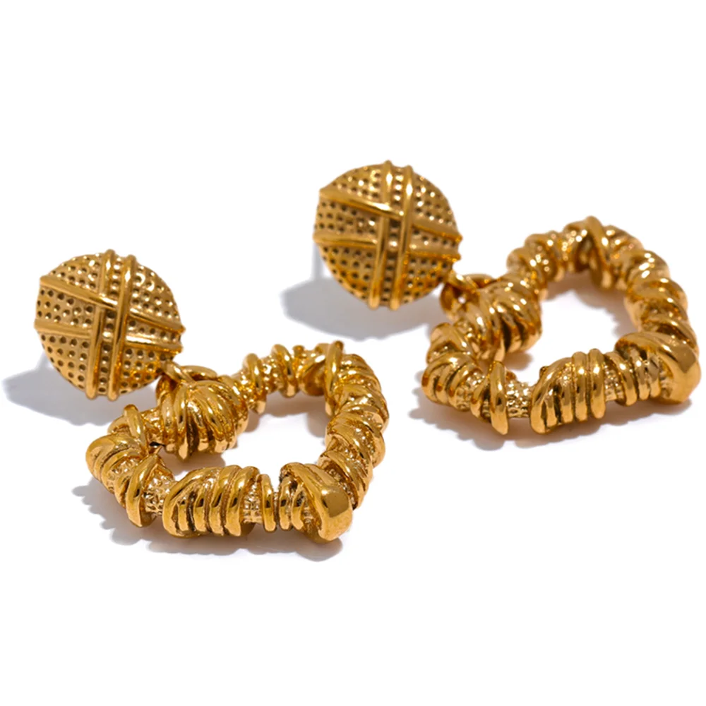 Yhpup brincos de metal em aço inoxidável, coração oco, banhado a ouro, vintage, romântico, feminino, joias, moda, presente