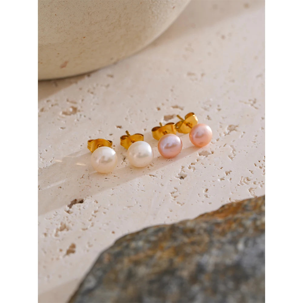 Yhpup 6mm de alta qualidade branco rosa natural pão de água doce pérola pequenos brincos femininos aço inoxidável jóias diárias presente