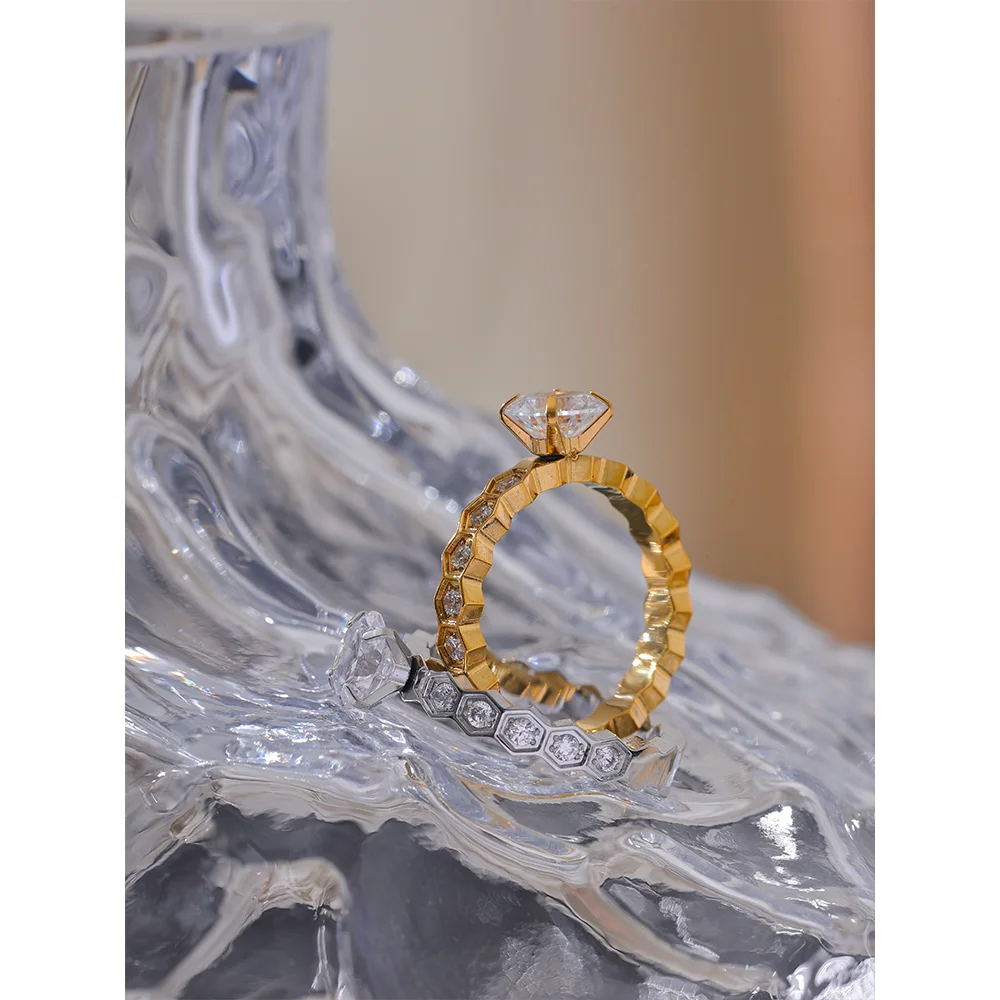 Yhpup luxo aaa bling zircônia cúbica clássico anel 2024 aço inoxidável cz 18k ouro pvd banhado moda requintado jóias presente