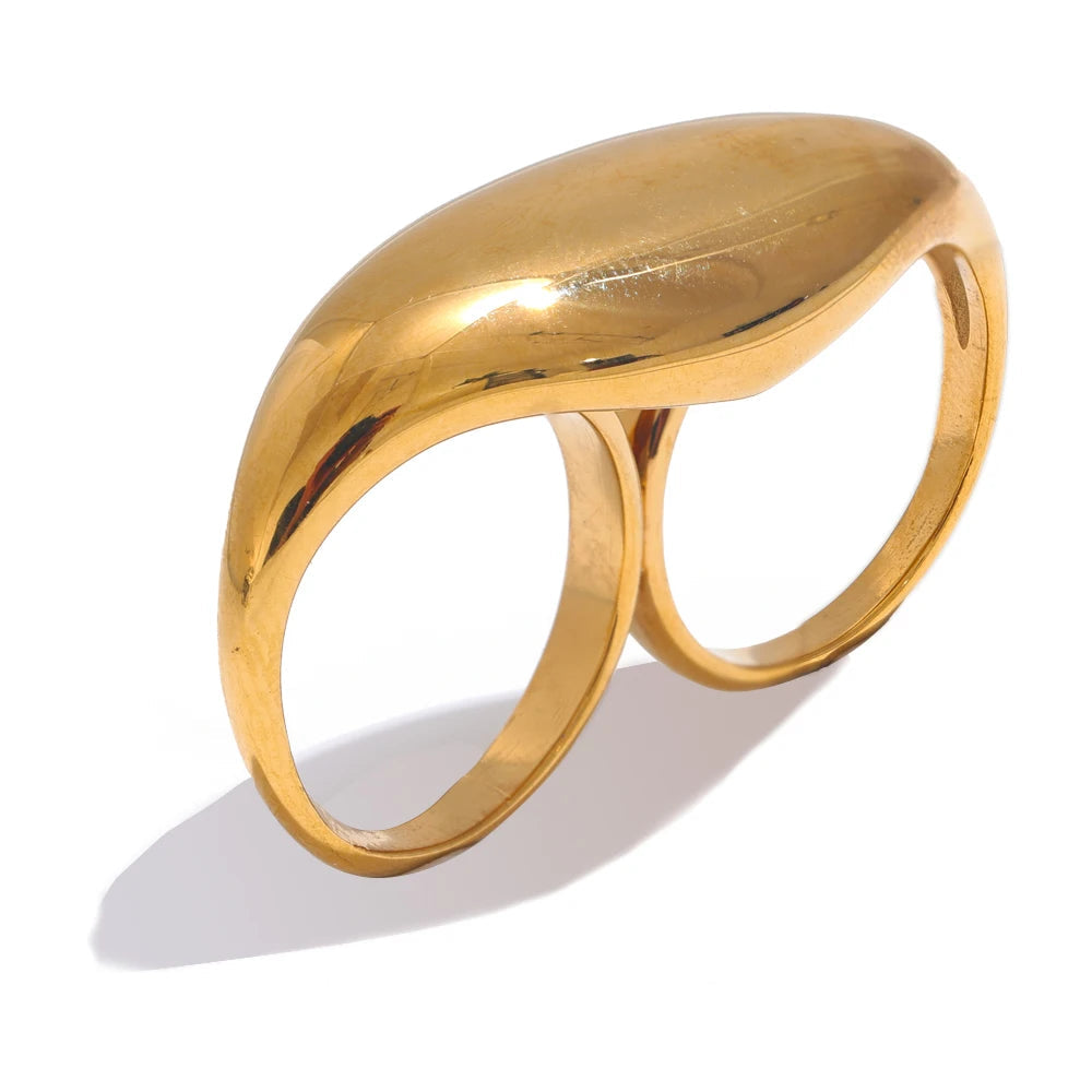 Yhpup 2024 aço inoxidável metal duplo dedo anel geométrico personalidade à prova de ferrugem atraente grande exagerado jóias presente