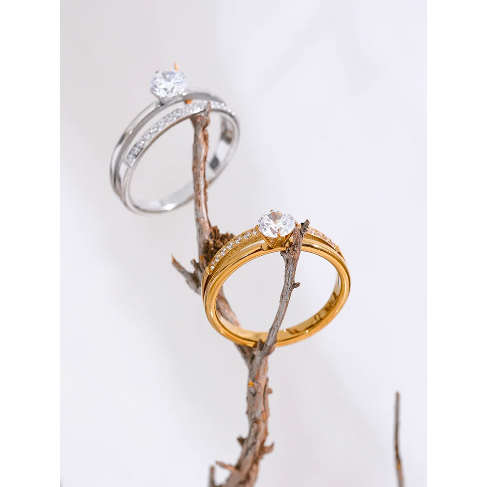 Yhpup delicado brilhante zircônia cúbica aço inoxidável dupla camada clássico anel de alta qualidade presente feminino requintado jóias românticas