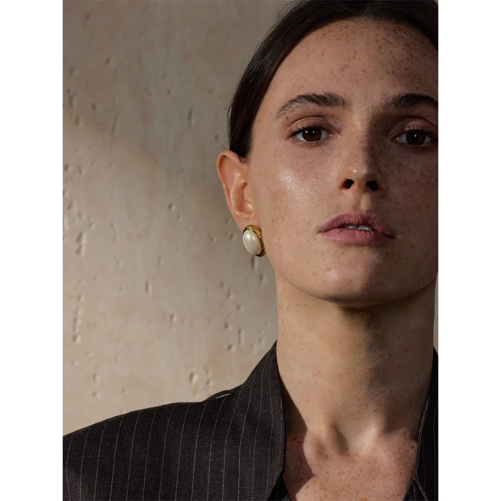 Yhpup estilo coreano amarelo simulado pérola oval brincos para mulheres de aço inoxidável 18k pvd banhado diariamente moda jóias presente