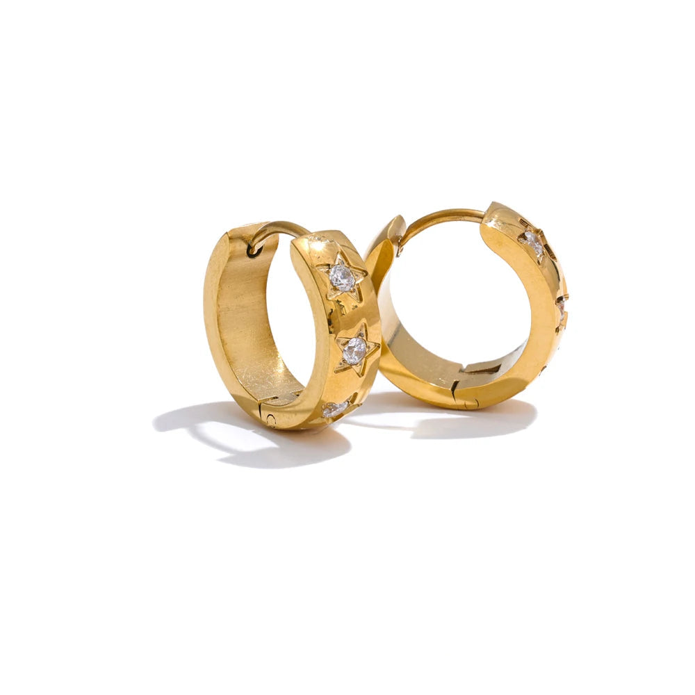 Yhpup tamanho: 16*16mm zircônia estrela redonda brincos de argola diários para mulheres evitam alergias joias chiques de alta qualidade em aço inoxidável