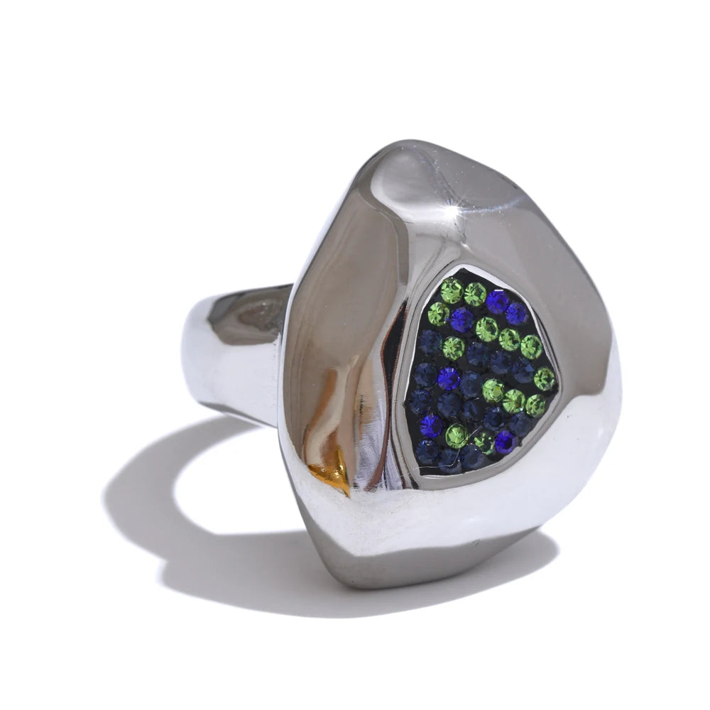 Yhpup Anel geométrico de zircônia cúbica de aço inoxidável cor azul joias à prova d'água para mulheres