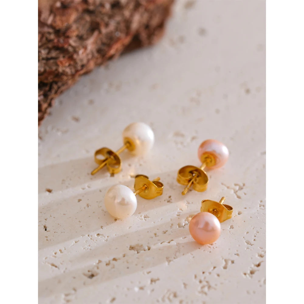 Yhpup 6mm de alta qualidade branco rosa natural pão de água doce pérola pequenos brincos femininos aço inoxidável jóias diárias presente