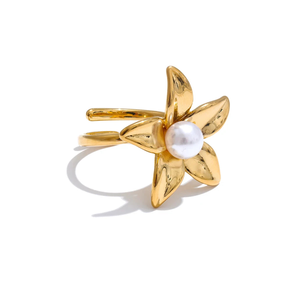 Yhpup tendência estilo metal flor pérola ajustável chique anel para mulheres 316l aço inoxidável moda jóias acessórios presente