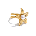 Yhpup tendência estilo metal flor pérola ajustável chique anel para mulheres 316l aço inoxidável moda jóias acessórios presente