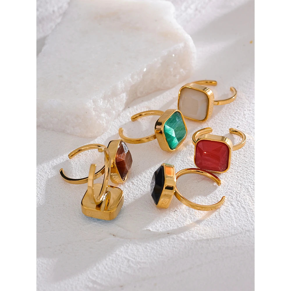 Yhpup opala colorida natural olho de gato pedra aço inoxidável quadrado aberto anel de alta qualidade à prova de ferrugem cor dourada joias de dedo