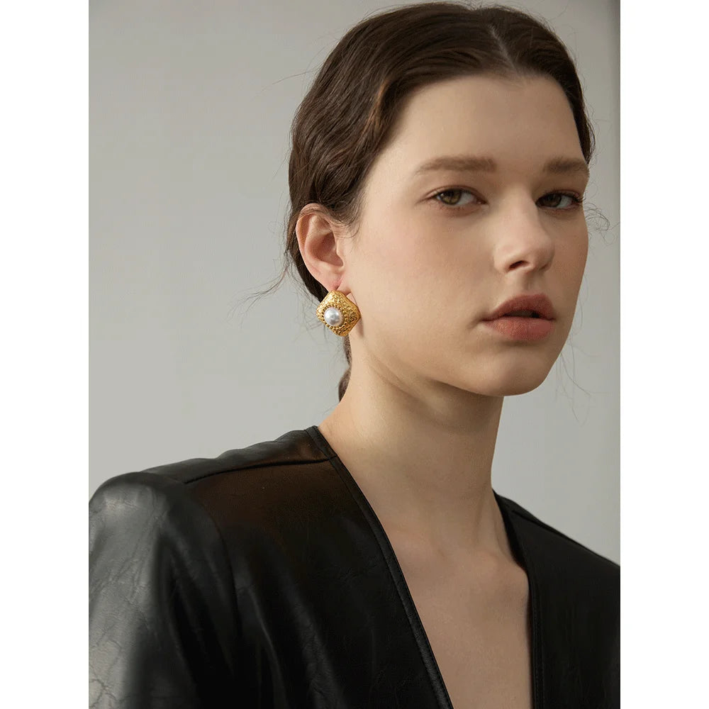 Yhpup-brincos quadrados de aço inoxidável, pérolas de imitação, jóias vintage, moda elegante, evitar alergia, metal, titânio, novo