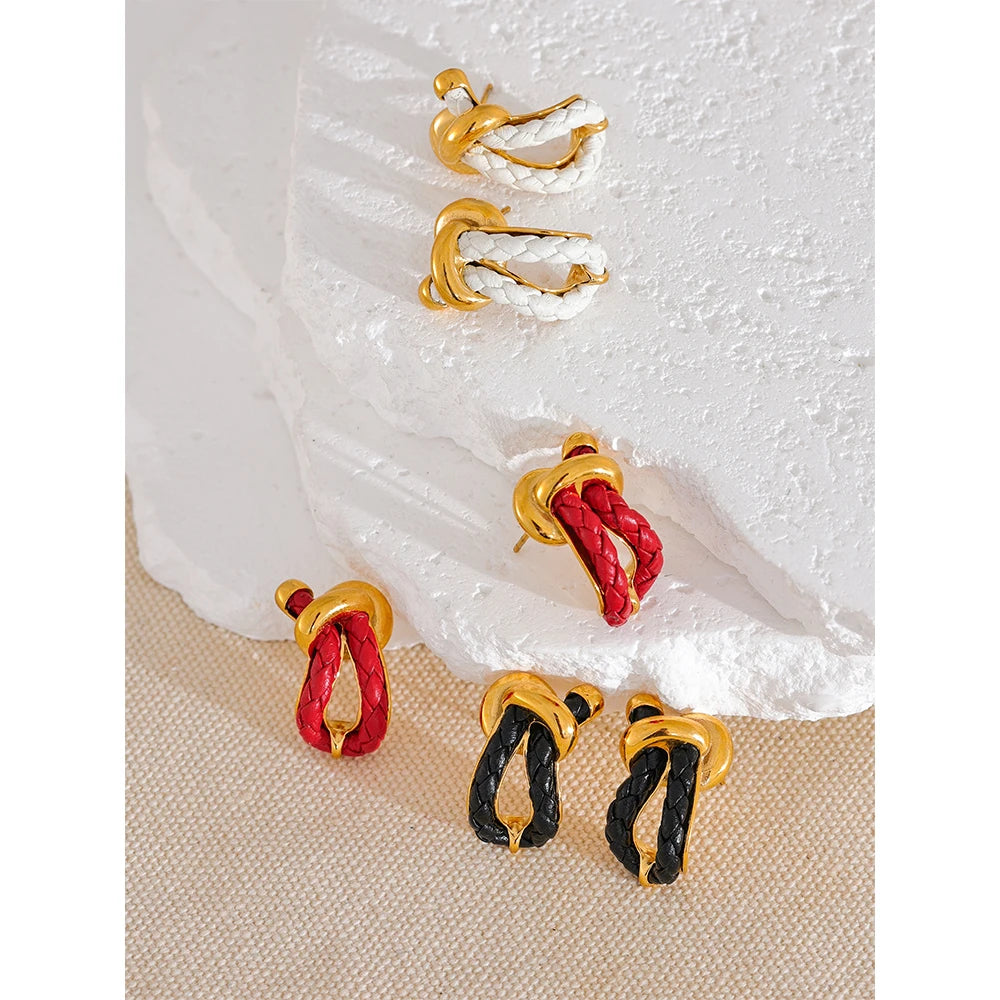 Yhpup vermelho preto branco couro nó geométrico oco brincos na moda aço inoxidável resistente à água elegante jóias exclusivas