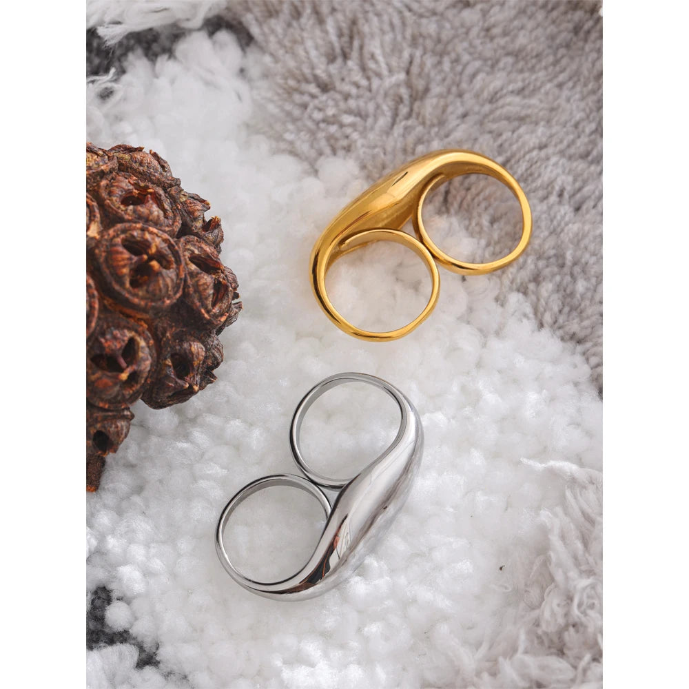 Yhpup 2024 aço inoxidável metal duplo dedo anel geométrico personalidade à prova de ferrugem atraente grande exagerado jóias presente