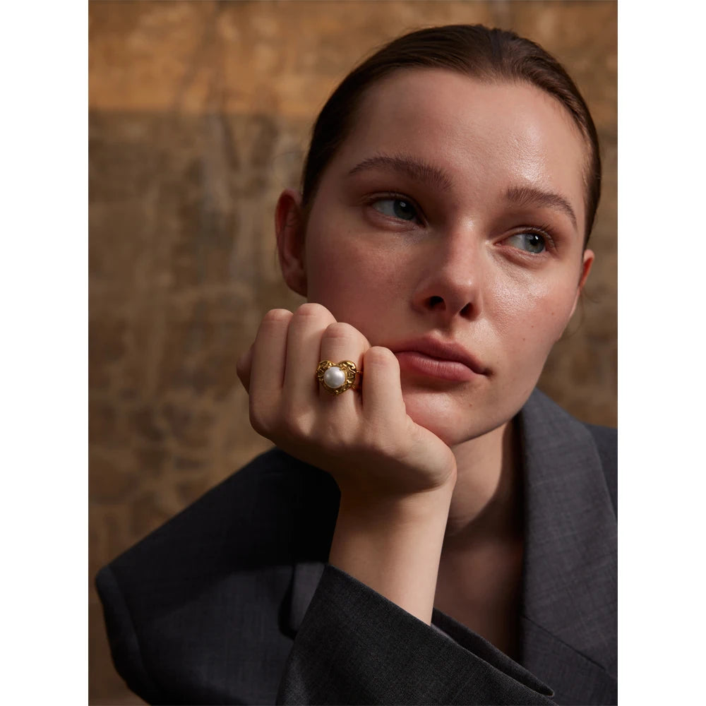 Yhpup elegante moda aço inoxidável pérolas simuladas coração amor anel aberto dourado atraente romântico joias de dedo